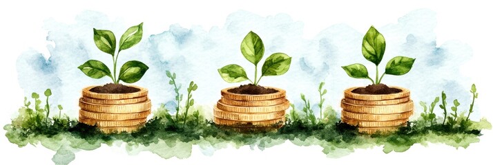 Growing plants in pots with soil, watercolor illustration, white isolate background.