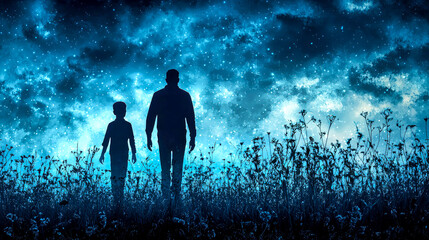 Fototapeta premium Father and son silhouette walking in a field at night under a starry sky.