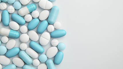Close up of various blue and white medical capsules and tablets arranged on light background, showcasing their shapes and colors. This highlights diversity of pharmaceutical products