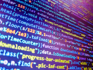 Encrypted data. Developer work. Software source code. Technology display. Programming code abstract screen of software developer. Social media concept in blue virtual space. Digital world.