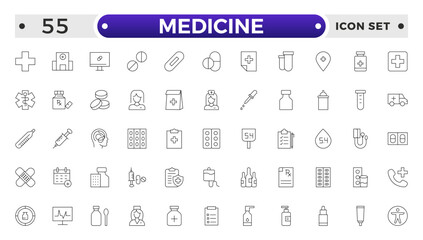 Medicine and Pharmaceutical icon set with prescription pad, medicine bottle, pill dispenser, lab test, blood donation, medical conference, research study, medical ethics icon.