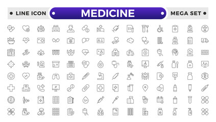 Medicine and Pharmaceutical icon set with prescription pad, medicine bottle, pill dispenser, lab test, blood donation, medical conference, research study, medical ethics icon.