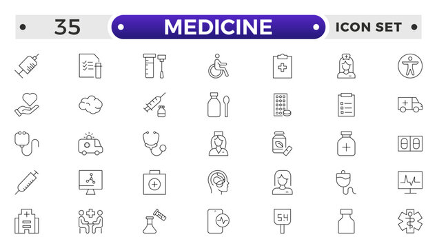 Medicine and Pharmaceutical icon set with prescription pad, medicine bottle, pill dispenser, lab test, blood donation, medical conference, research study, medical ethics icon.