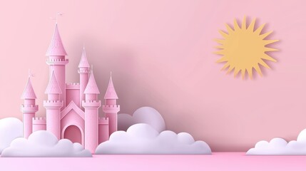 Fototapeta premium Cute pink castle surrounded by clouds papercut style sunshine