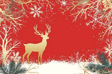 A bright red Christmas design featuring a golden reindeer silhouette surrounded by delicate snowflakes and pine branches