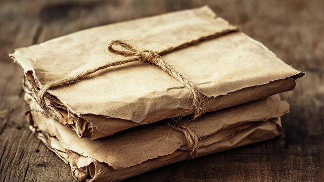 Stack of neatly wrapped packages tied with twine on a rustic wooden surface, creating a vintage atmosphere
