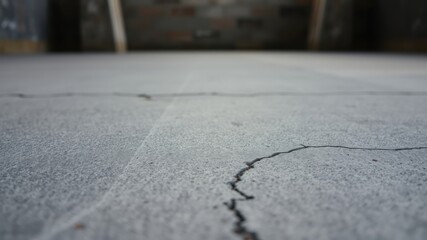 Obraz premium Close-up view of a cracked concrete surface with a shallow depth of field showing subtle texture and a blurred background