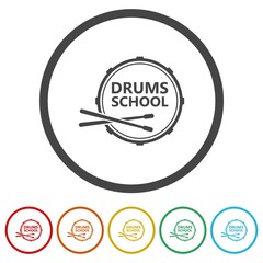 Drums school icon. Set icons in color circle buttons