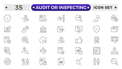 Audit or Inspecting icons set in thin line design. Pack of inspection, hire, calculation money, coaching, protection, cooperation, success, task, and other pictograms outline icons.
