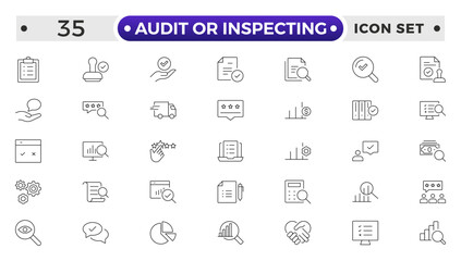 Audit or Inspecting icons set in thin line design. Pack of inspection, hire, calculation money, coaching, protection, cooperation, success, task, and other pictograms outline icons.