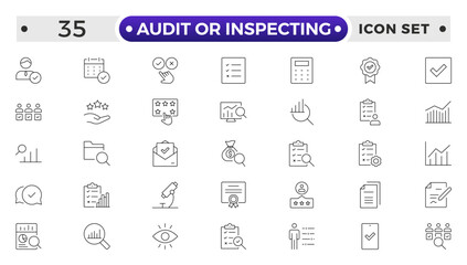 Audit or Inspecting icons set in thin line design. Pack of inspection, hire, calculation money, coaching, protection, cooperation, success, task, and other pictograms outline icons.