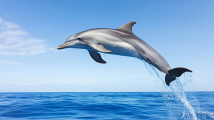 A dolphin leaps gracefully out of the blue ocean, with water droplets trailing, set against a clear, bright sky © Florian Dussart