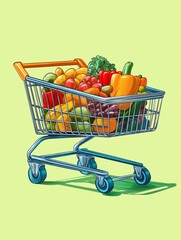 Colorful grocery cart filled with fresh fruits and vegetables against a light green background