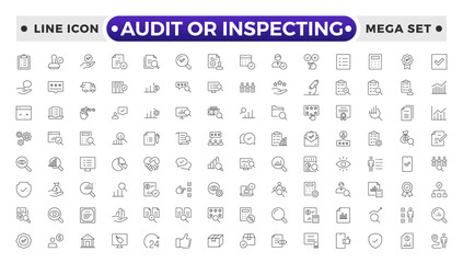 Audit or Inspecting icons set in thin line design. Pack of inspection, hire, calculation money, coaching, protection, cooperation, success, task, and other pictograms outline icons.