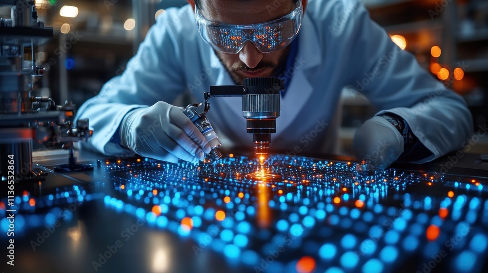 Poster scientist examining circuit board under microscope