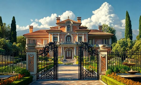 A grand mansion with lush gardens and a gated entrance under a blue sky.