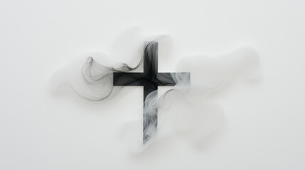 An ash cross is enveloped in soft, swirling smoke, creating a serene atmosphere