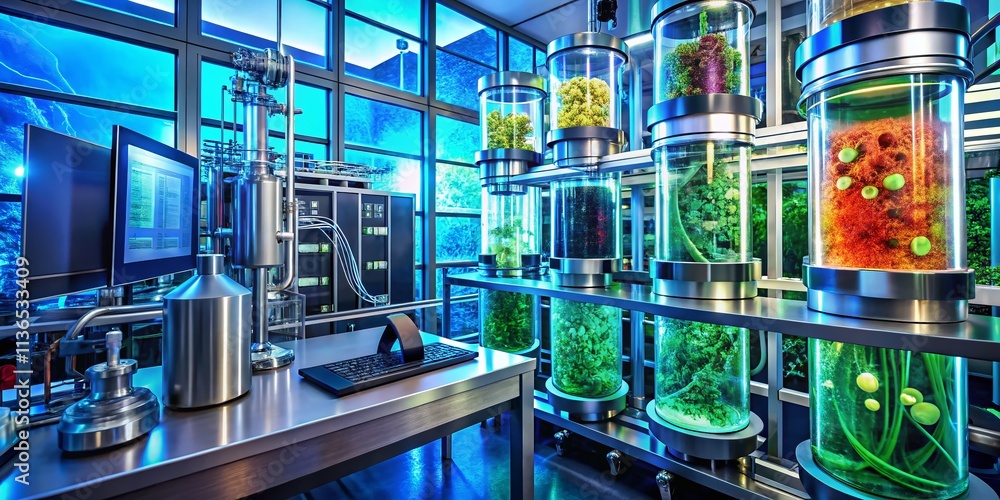 Poster high-tech bioreactor with microbial fermentation processes monitored on digital screens, showcasing 