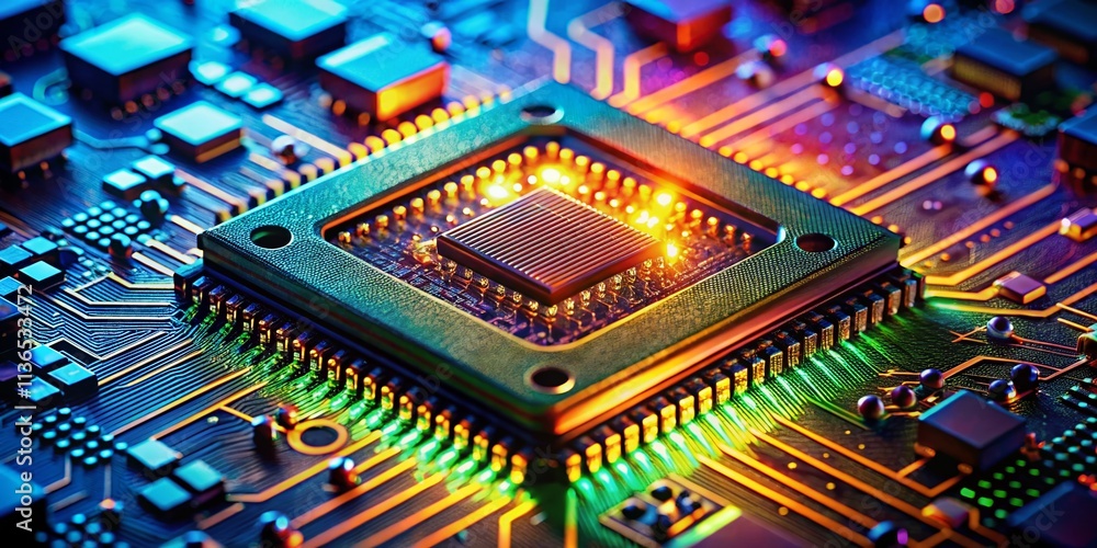Poster high-tech microchip manufacturing: close-up of advanced semiconductor processing