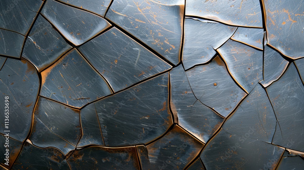 Poster close-up of cracked metallic surface displaying intricate patterns and textures, showcasing shades o