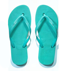 Turquoise rubber flip-flops isolated over white background, pair of thongs, shot above.