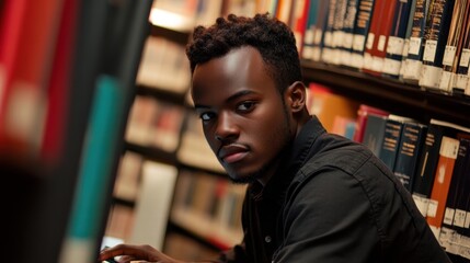 focused young man studying in library