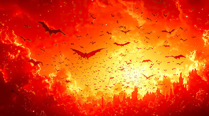 Fiery sky, bats swarm city.