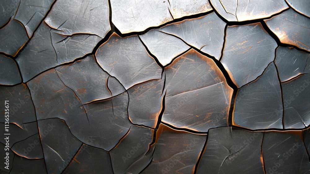 Poster close-up of cracked metallic surface displaying intricate textures and patterns in gray and copper t