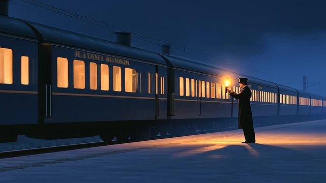 Train Conductor Signaling Departure with Lantern on Platform