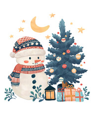 watercolor painting of a snowman with christmas tree