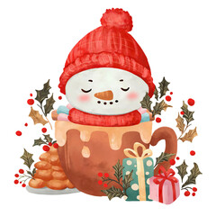 watercolor painting of a snowman in a cup of tea