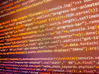 Coding programmer abstract background. Text with nucleobases. Background banner. Colorful digital technology modern background. Virus background. Red  unique background. Mother board, macro.