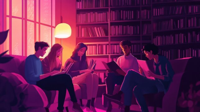 friends reading books together at night