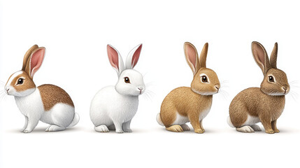 Fototapeta premium Cute cartoon rabbits in various colors and poses, showcasing their playful nature and distinct features. These adorable bunnies are perfect for children illustrations or Easter themes