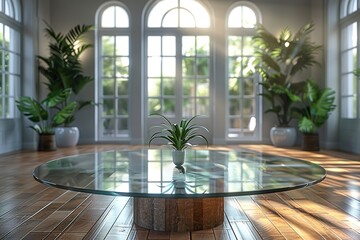 Fototapeta premium A large glass table with a plant in a vase on top of it