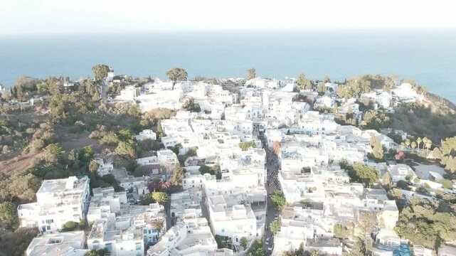Aerial View of Sidi Bou Said, Tunisia: Iconic Blue and White Coastal Village in 4K
