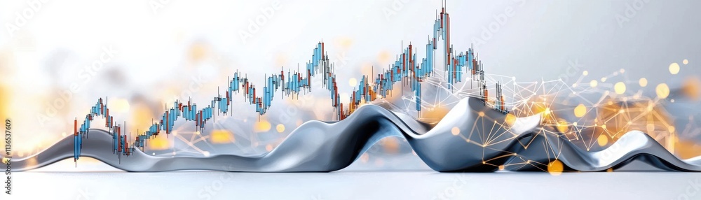 Poster a dynamic visualization of fluctuating data waves, symbolizing trends and analytics in finance or te