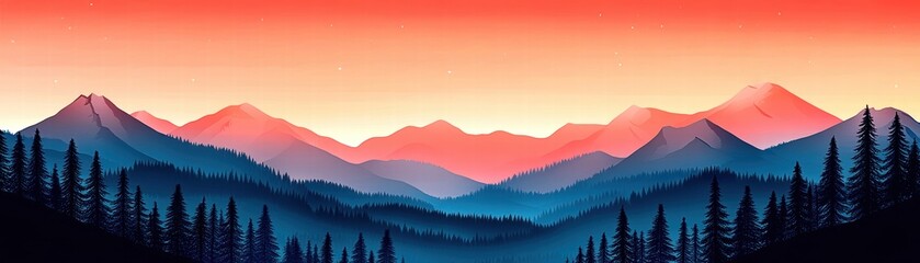 Obraz premium Serene mountain landscape during sunset, featuring silhouettes of pine trees against a colorful sky.