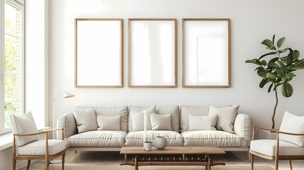Modern Living Room Mockup: Three elegant frames adorn a minimalist living room, providing a perfect canvas for your design showcase. The serene setting features a light beige sofa, wooden armchairs.