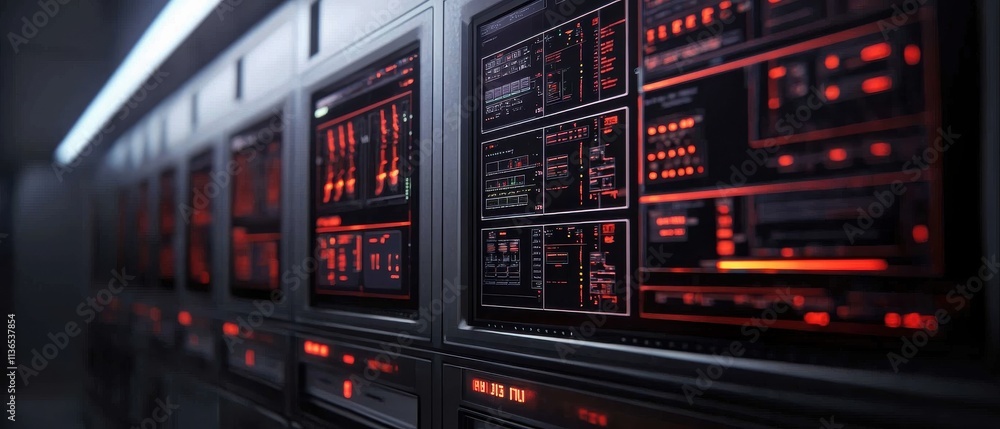 Poster a high-tech control panel filled with glowing red displays and intricate circuitry, showcasing a fut