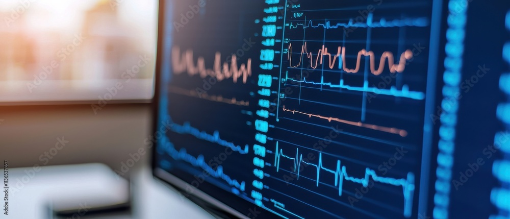 Poster a close-up of a computer screen displaying colorful, detailed medical data and waveforms, possibly r