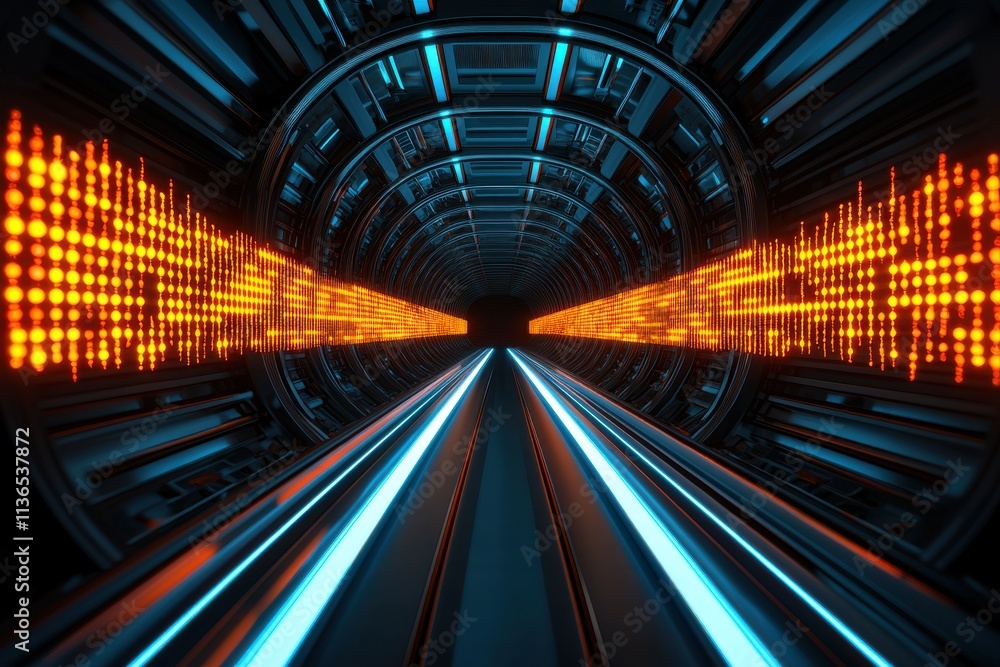 Poster a futuristic tunnel with vibrant orange and blue lights, creating a dynamic and immersive atmosphere