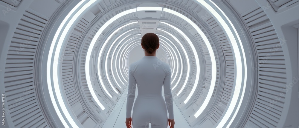 Aufkleber a figure in a sleek white suit stands in a futuristic corridor illuminated by circular lights, creat