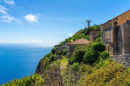 The famous Statue of Cristo Redentore in Maratea, beautiful village overlooking the sea, in the Province of Potenza, Basilicata, Italy.