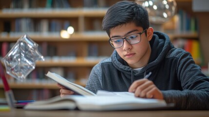 focused teenager studying in library