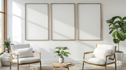 Minimalist Living Room Mockup: Three elegant empty frames on a white wall with a muted, natural color palette. The perfect backdrop for showcasing your art, prints, or photography.