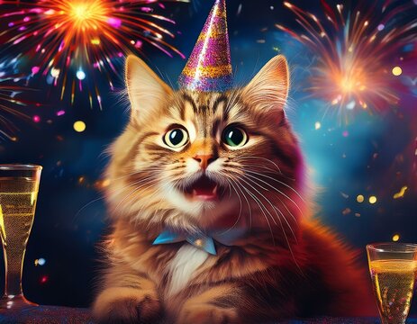 Generated image Funny cat at New Year's eve party. Fireworks are exploding in the background, festive season