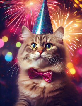 Generated image Funny cat at New Year's eve party. Fireworks are exploding in the background, festive season