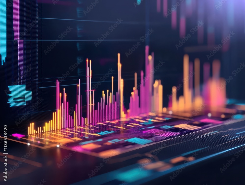 Poster a vibrant digital visualization of data with colorful bar graphs and sleek lines, representing trend