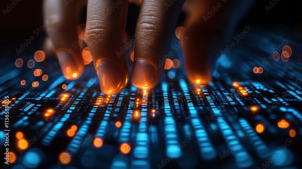 Poster hand interacting with digital data interface